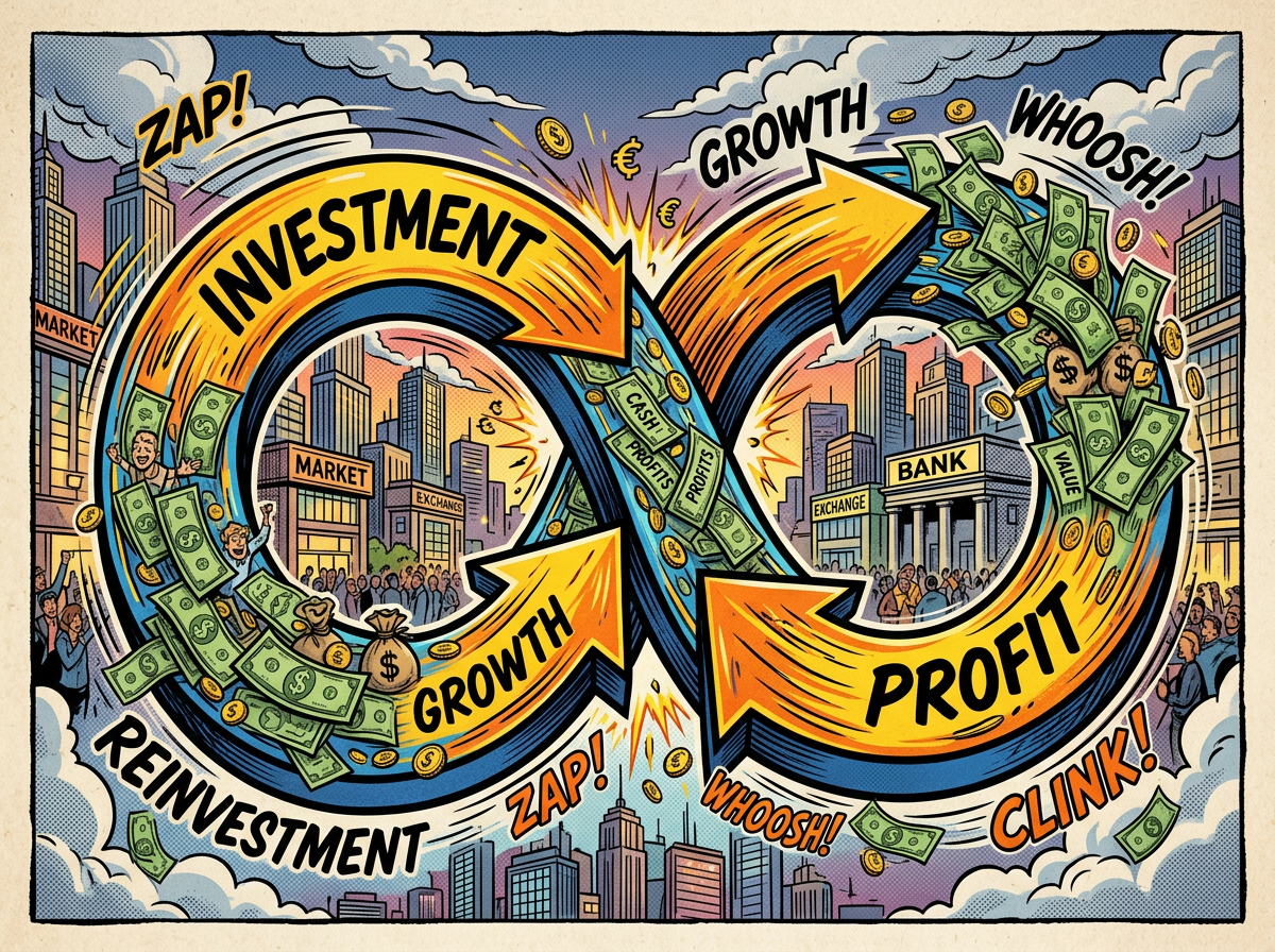 Infinity loop of arrows labeled investment, growth, profit, and reinvestment with money and people