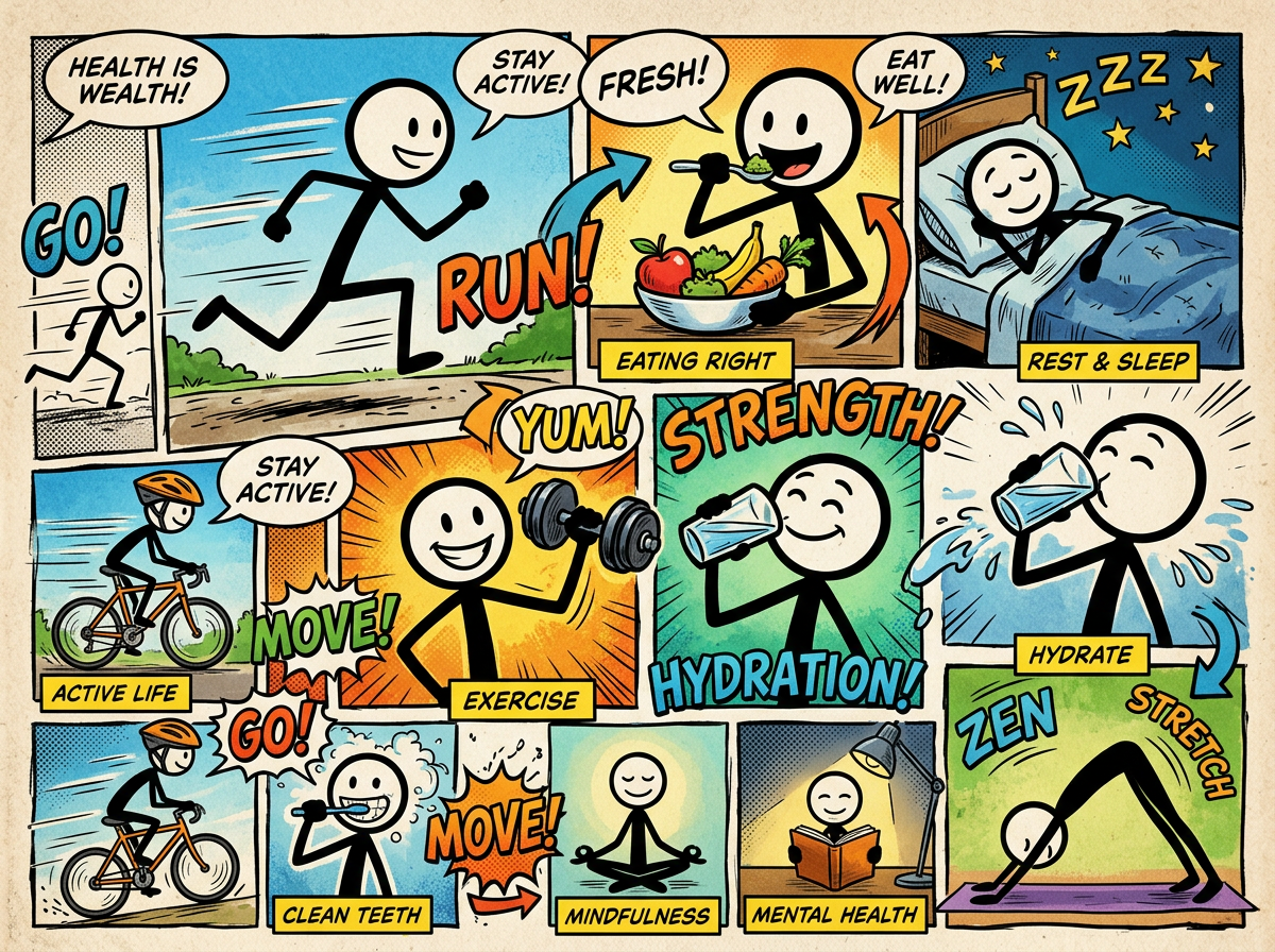 Comic panels showing running, eating fresh food, sleeping, biking, exercising, drinking water, brushing teeth, mindfulness, reading, and stretching.